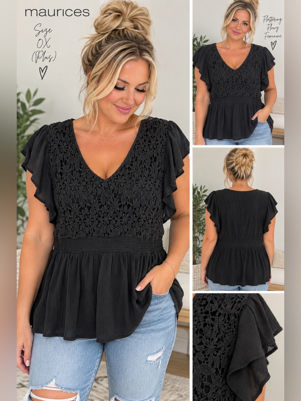 Maurices 0X Black Crochet Lace Peplum Top Flutter Sleeve Boho